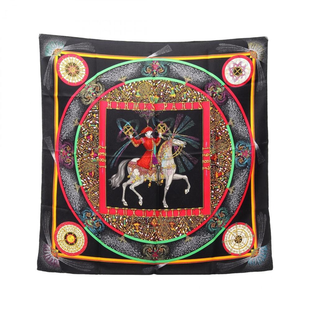 Hermes Carre 90 Feux D'Artifice Scarf/Muffler, Silk, Women's, Black/Multicolor